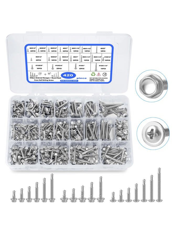 CGBOOM Self Drilling Screw Assortment Kit,CGBOOM 410 Stainless Steel Self Tapping Sheet Metal Tek Screws,420 PCS Phillips Head& Hex Washer Head - Image 1