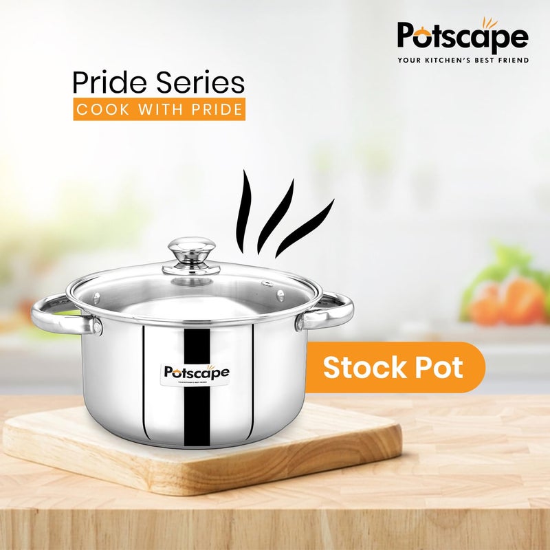 Potscape Pride Stock Pot 20 cm Capacity 28 LTR Stainless Steel TriPly Base with Glass Lid Stockpot for Cooking and Serving Even Heat Distribution Dishwasher Safe Induction Gas Compatible - Image 5
