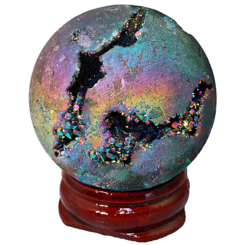 SUNYIK Rainbow Titanium Coated Druzy Geode Sphere BallCrystal Quartz Agate BallHealing Sculpture Figurine for Easter Day