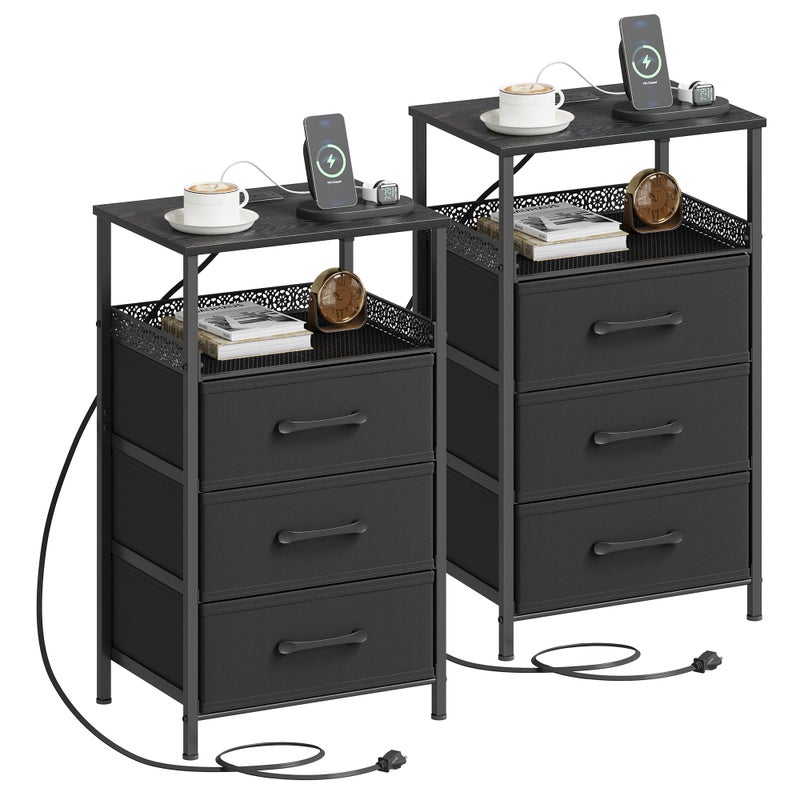 JARHETUN Nightstand Set of 2, Night Stands with Charging Station, 26.4 Inch Tall Bedside Table with Metal Shelf, Modern Side End Table with 3 Fabirc Drawers, Small Dresser for Bedroom, Black - Image 1