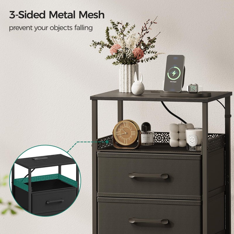 JARHETUN Nightstand Set of 2, Night Stands with Charging Station, 26.4 Inch Tall Bedside Table with Metal Shelf, Modern Side End Table with 3 Fabirc Drawers, Small Dresser for Bedroom, Black - Image 4