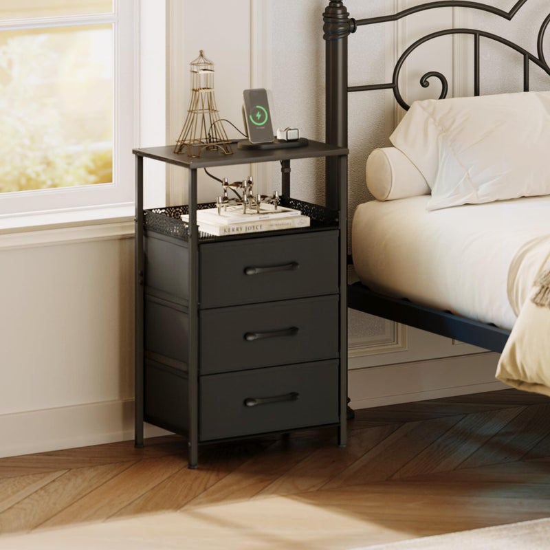 JARHETUN Nightstand Set of 2, Night Stands with Charging Station, 26.4 Inch Tall Bedside Table with Metal Shelf, Modern Side End Table with 3 Fabirc Drawers, Small Dresser for Bedroom, Black - Image 2