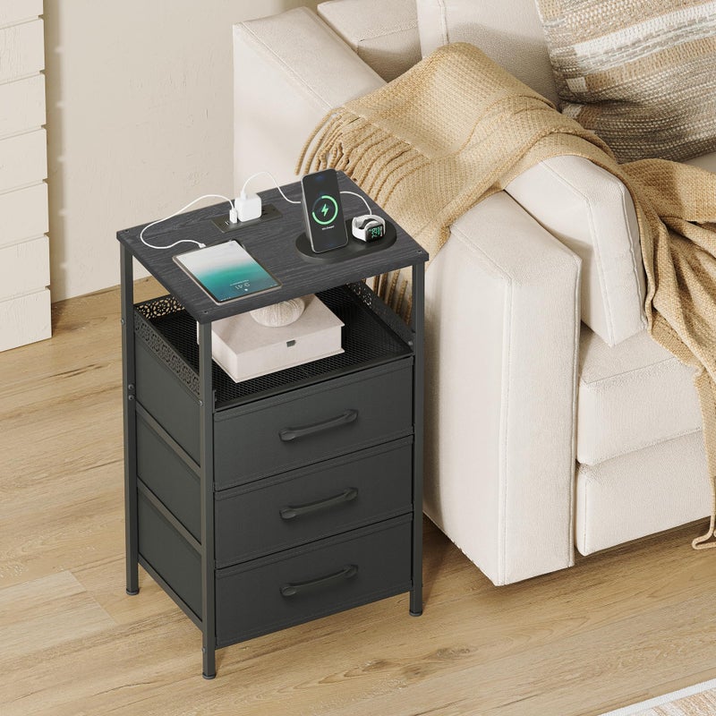 JARHETUN Nightstand Set of 2, Night Stands with Charging Station, 26.4 Inch Tall Bedside Table with Metal Shelf, Modern Side End Table with 3 Fabirc Drawers, Small Dresser for Bedroom, Black - Image 5