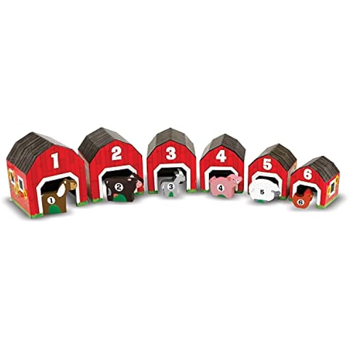 NESTING AND SORTING BARNS AND ANIMALS WITH 6 NUMBERED BARNS AND MATCHING WOODEN ANIMALS - NUMBERS LEARNING TOYS, SORTING AND STACKING TOYS FOR TODDLERS AGES 2+ - Image 1