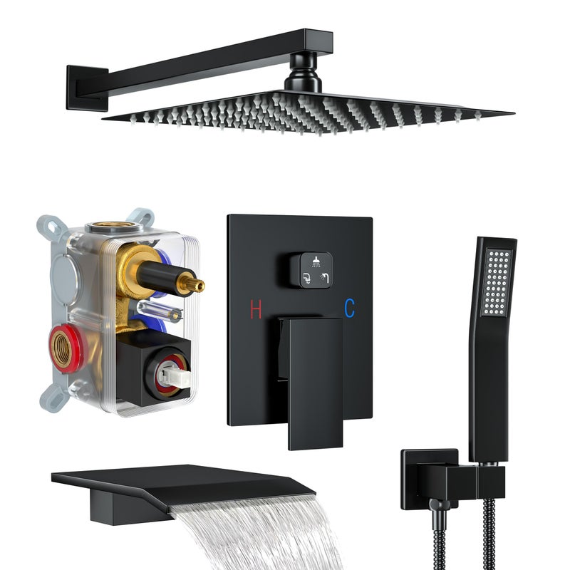 Fatspas Shower System with Tub Spout Shower Faucet Set with 10 Inch Rain Showerhead Handheld Shower and Tub Spout Wall Mounted HighPressure Showerhead Combo Set Included Valve and Trim Matte Black