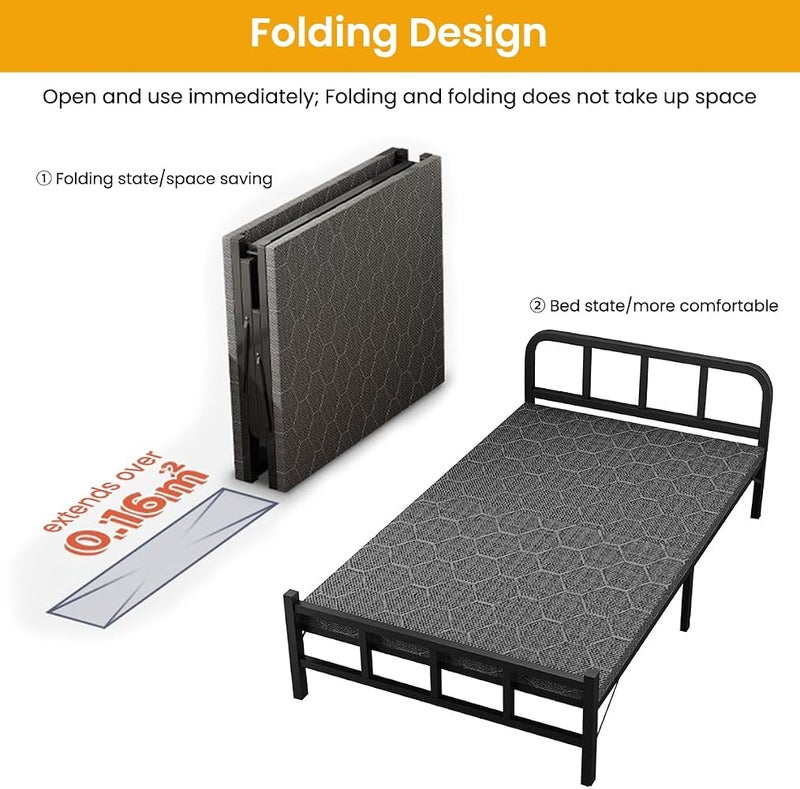 HASTHIP Folding Bed with Backrest, Foldable Bed One-piece Soft Mattress Design, Durable Stainless Steel Material, Easy Sleeping for Home, Office, 75cm(H) x 186(L) cm (Black) - Image 3