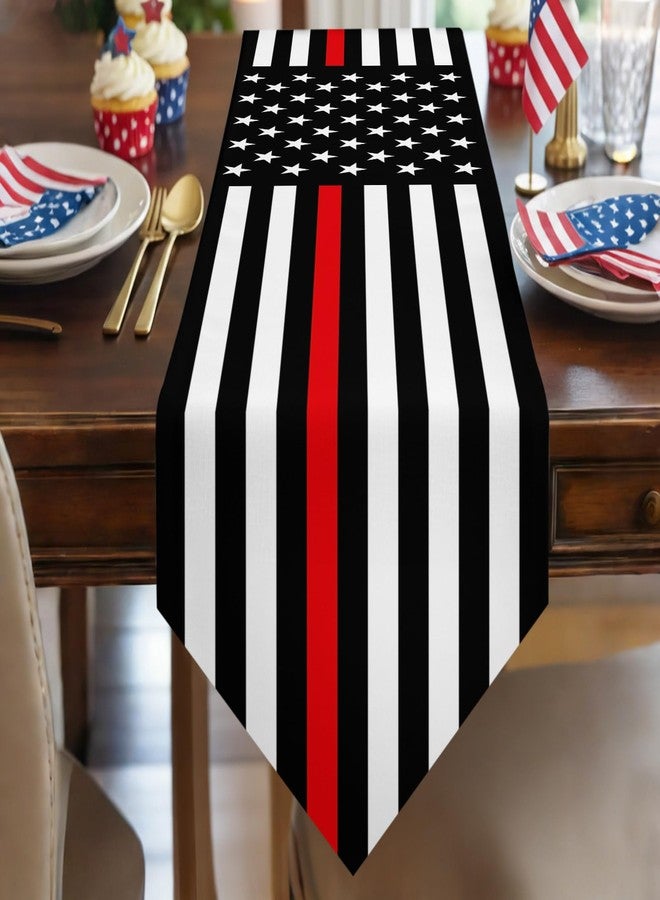 ALAGEO July 4th Table Runner Firefighter Flag 4th of July Kitchen Table Cloth American Flag Thin Red Line Table Runner Dresser Scarves for Firefighter Retirement Party Independence Day Gatherings 13"x90" - Image 2