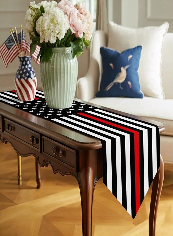 ALAGEO July 4th Table Runner Firefighter Flag 4th of July Kitchen Table Cloth American Flag Thin Red Line Table Runner Dresser Scarves for Firefighter Retirement Party Independence Day Gatherings 13"x90" - Image 3