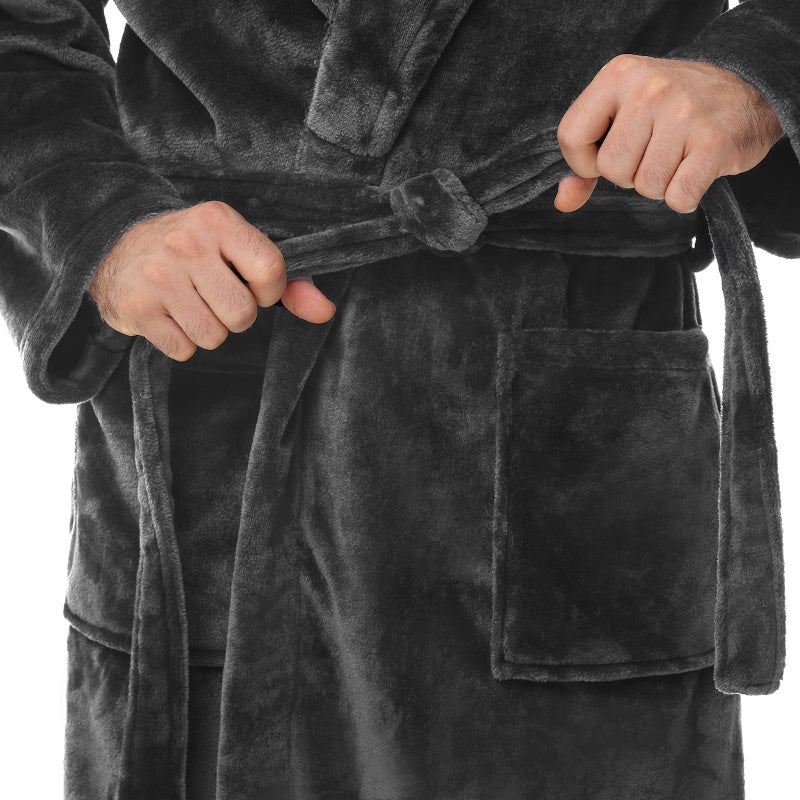 Yurhap Mens Fleece Robe, Soft Plush Robe for Men, Fluffy Bathrobe with Belt & 2 Pockets, Dark Grey, L-XL - Image 4