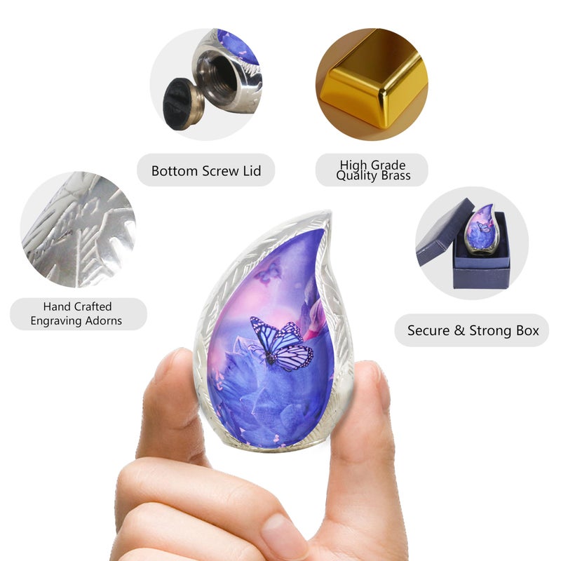 M MEILINXU Mini Urn for Ashes for Women & Man, Small Urns for Human Ashes Adult Female & Male, Tear Drop Decorative - Purple & Blue Butterfly Urn, Brass Cremation Container, Teardrop - Small Keepsake - Image 2