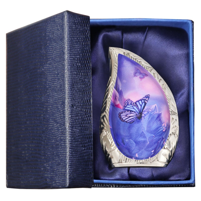 M MEILINXU Mini Urn for Ashes for Women & Man, Small Urns for Human Ashes Adult Female & Male, Tear Drop Decorative - Purple & Blue Butterfly Urn, Brass Cremation Container, Teardrop - Small Keepsake - Image 1
