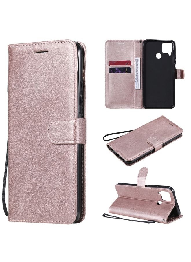 HuHa Case Cover For Realme C15 Solid Color Horizontal Flip Protective Leather Case with Holder & Card Slots & Wallet & Photo Frame & Lanyard Rose Gold 