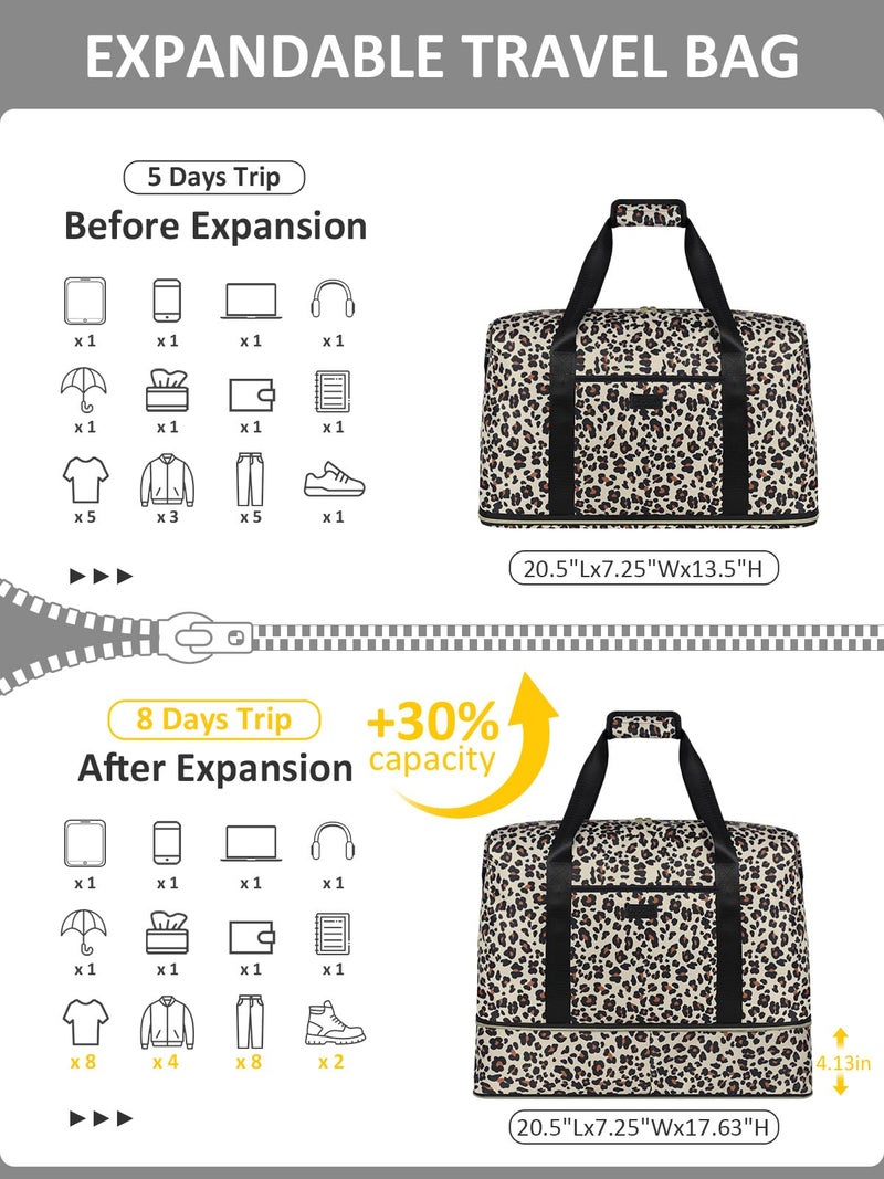 Capolo Expandable Travel Duffle Bag, Waterproof Weekender Overnight Bags for Women Men Hospital Bag for Women Labor Delivery Carry on Bag with Toiletry Bag for Travel Gym Airplanes(Leopard, Large) - Image 3
