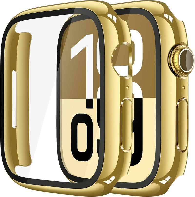 Misxi 2 Pack Tempered Glass Case Compatible for Apple Watch Series 11 (2025) Series 10 46mm, Hard PC Screen Protector Overall Protection Scratch-Resistant Cover for iWatch, 1 Gold + 1 Transparent - Image 1