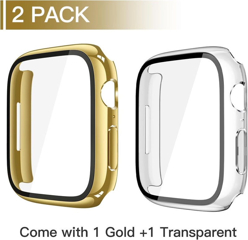 Misxi 2 Pack Tempered Glass Case Compatible for Apple Watch Series 11 (2025) Series 10 46mm, Hard PC Screen Protector Overall Protection Scratch-Resistant Cover for iWatch, 1 Gold + 1 Transparent - Image 2