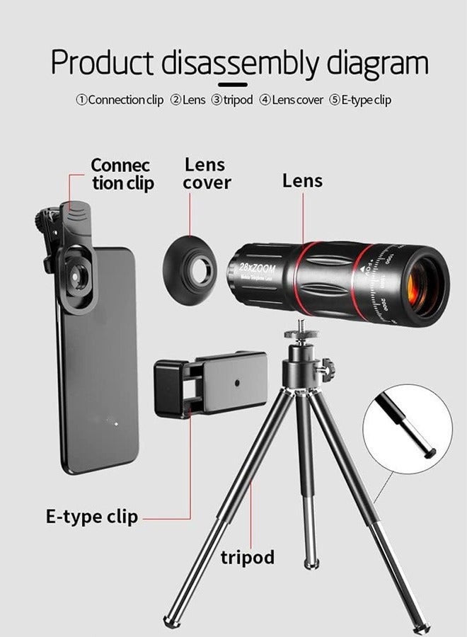 Arabest 28X Telescope, Monocular Telescope Portable Telescope, 4 in 1 Phone Photography Kit, Lens Set with Flexible Phone Tripod, 28X Telephoto Lens, 198°Fisheye, 20X Macro & 0.6X Wide Angle Lens, Bag, etc - Image 4