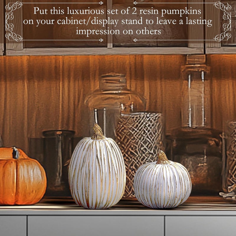 DN DECONATION White and Gold Fall Pumpkin Decorations Thanksgiving Table Centerpieces, 2 Pcs Artificial Luxury Resin Pumpkins Figurines for Decorating, Autumn Harvest Fall Home Decor Shelf Mantel - Image 5