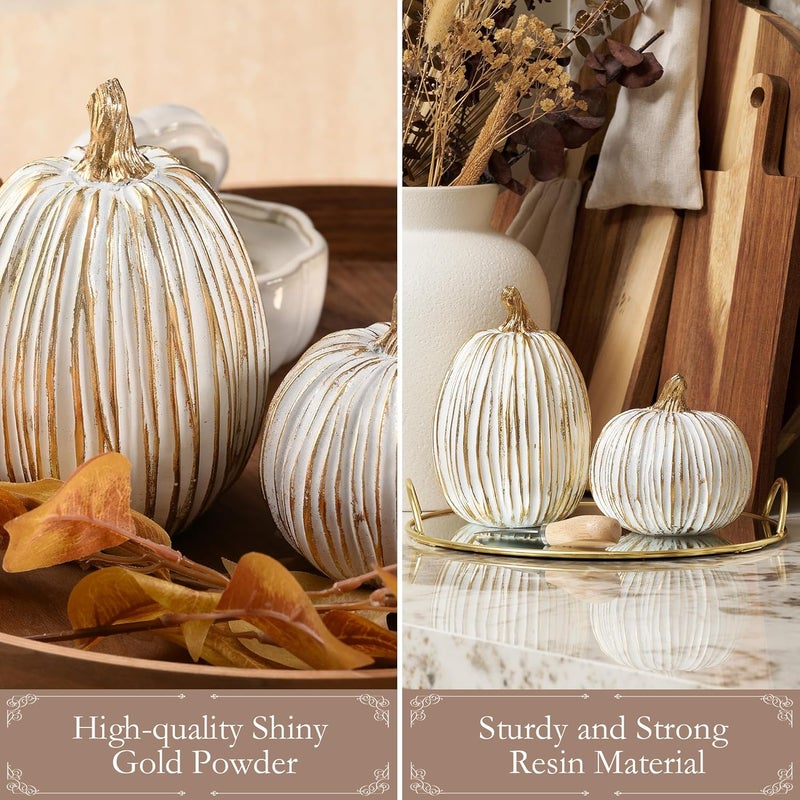 DN DECONATION White and Gold Fall Pumpkin Decorations Thanksgiving Table Centerpieces, 2 Pcs Artificial Luxury Resin Pumpkins Figurines for Decorating, Autumn Harvest Fall Home Decor Shelf Mantel - Image 4