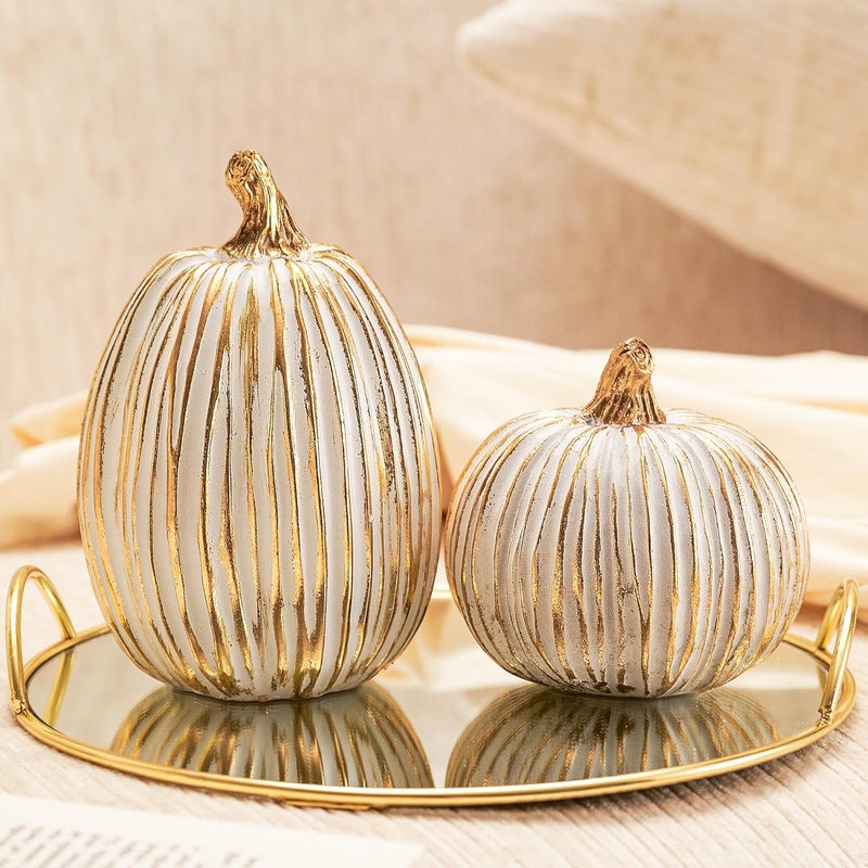 DN DECONATION White and Gold Fall Pumpkin Decorations Thanksgiving Table Centerpieces, 2 Pcs Artificial Luxury Resin Pumpkins Figurines for Decorating, Autumn Harvest Fall Home Decor Shelf Mantel - Image 1