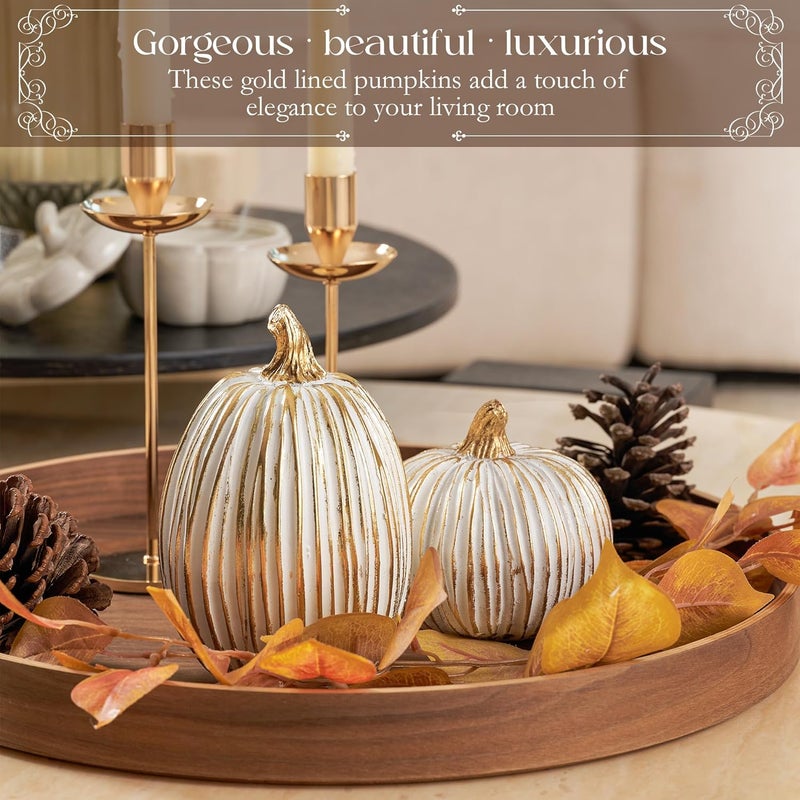 DN DECONATION White and Gold Fall Pumpkin Decorations Thanksgiving Table Centerpieces, 2 Pcs Artificial Luxury Resin Pumpkins Figurines for Decorating, Autumn Harvest Fall Home Decor Shelf Mantel - Image 2