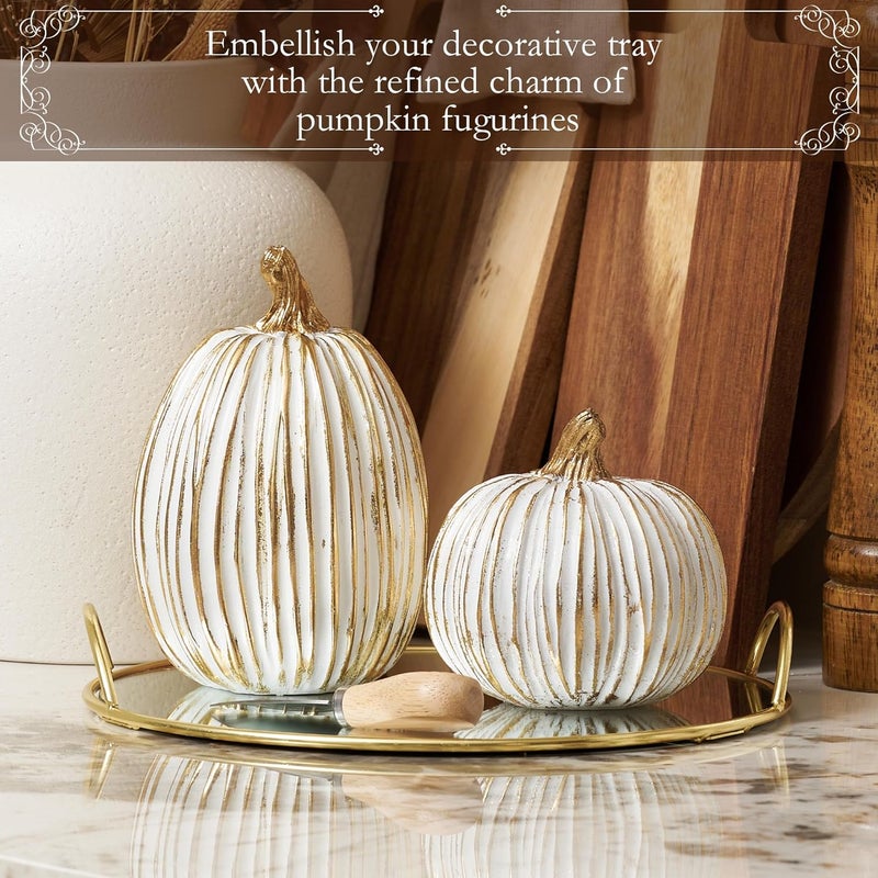 DN DECONATION White and Gold Fall Pumpkin Decorations Thanksgiving Table Centerpieces, 2 Pcs Artificial Luxury Resin Pumpkins Figurines for Decorating, Autumn Harvest Fall Home Decor Shelf Mantel - Image 3