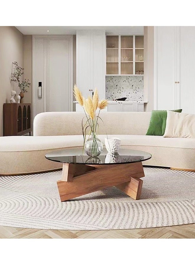 C&C Home قطعة واحدة من طاولة القهوة المستديرة ذات سطح زجاجي غير منتظم من الخشب بقاعدة هندسية للأريكة وطاولة جانبية لغرفة المعيشة وغرفة النوم والمكتب مقاس 80 × 30 سم  - Image 3