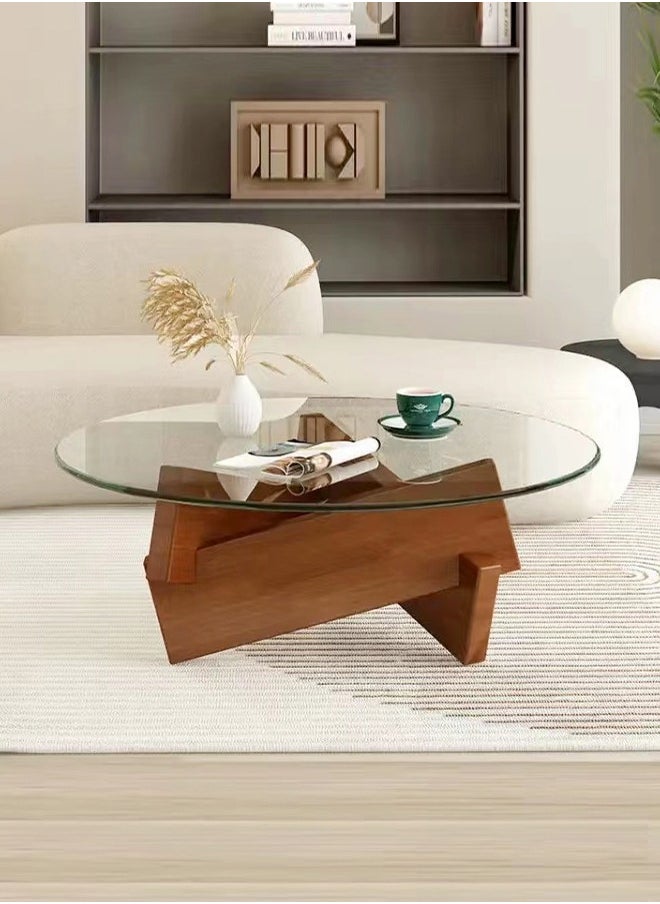 C&C Home قطعة واحدة من طاولة القهوة المستديرة ذات سطح زجاجي غير منتظم من الخشب بقاعدة هندسية للأريكة وطاولة جانبية لغرفة المعيشة وغرفة النوم والمكتب مقاس 80 × 30 سم  - Image 1