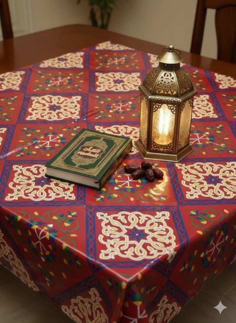 مفرش طاولة رمضاني عام، مبطن بثلاث طبقات، بنقشة زخرفية باللونين الأحمر والأزرق، 120 × 120 سم، (أحمر).
