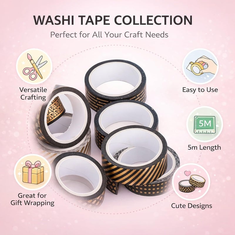 Washi Tape Set 10Pcs, Decorative Paper Craft Tape, 4.2cm x 5m Roll - Black Gold Foil Patterns, Mild Adhesive, Ideal for Scrapbook Journal Planner DIY - Image 3