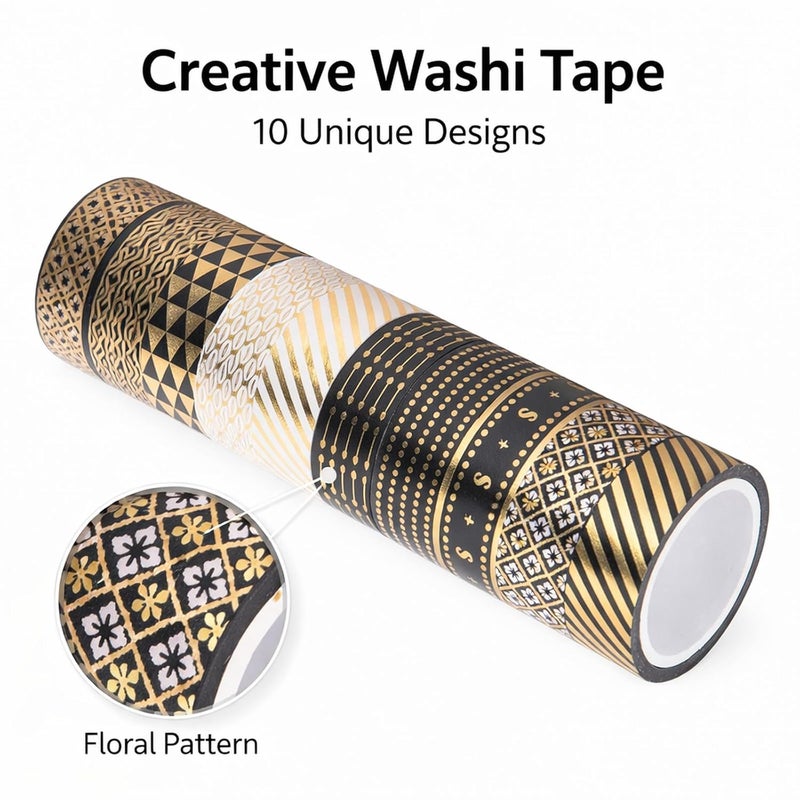 Washi Tape Set 10Pcs, Decorative Paper Craft Tape, 4.2cm x 5m Roll - Black Gold Foil Patterns, Mild Adhesive, Ideal for Scrapbook Journal Planner DIY - Image 2