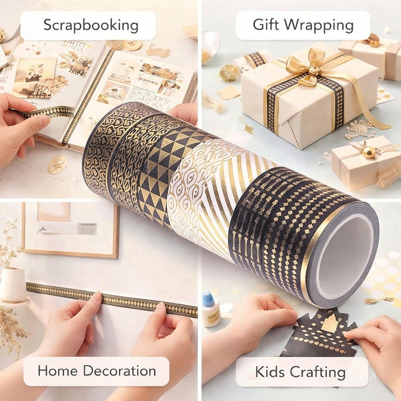 Washi Tape Set 10Pcs, Decorative Paper Craft Tape, 4.2cm x 5m Roll - Black Gold Foil Patterns, Mild Adhesive, Ideal for Scrapbook Journal Planner DIY - Image 4