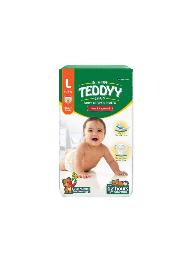 TEDDYY Easy Baby L Size Diaper Pant Style | 56 Count (Large) | 9–14 kg (Pack of 1) | Long Protection Hours | Anti-Bacterial | Airy Breathable Fit | Rapid Soaker Channels & Wetness Indicator