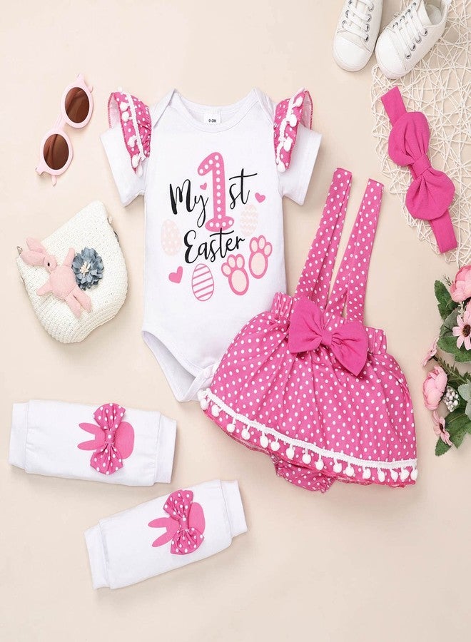 ODIMAME My 1st Easter Baby Girl Outfits Gifts Newborn Ruffle Romper Polka Dots Bunny Skirt Headband Leg Warmmer Pink 12-18 Months - Image 2