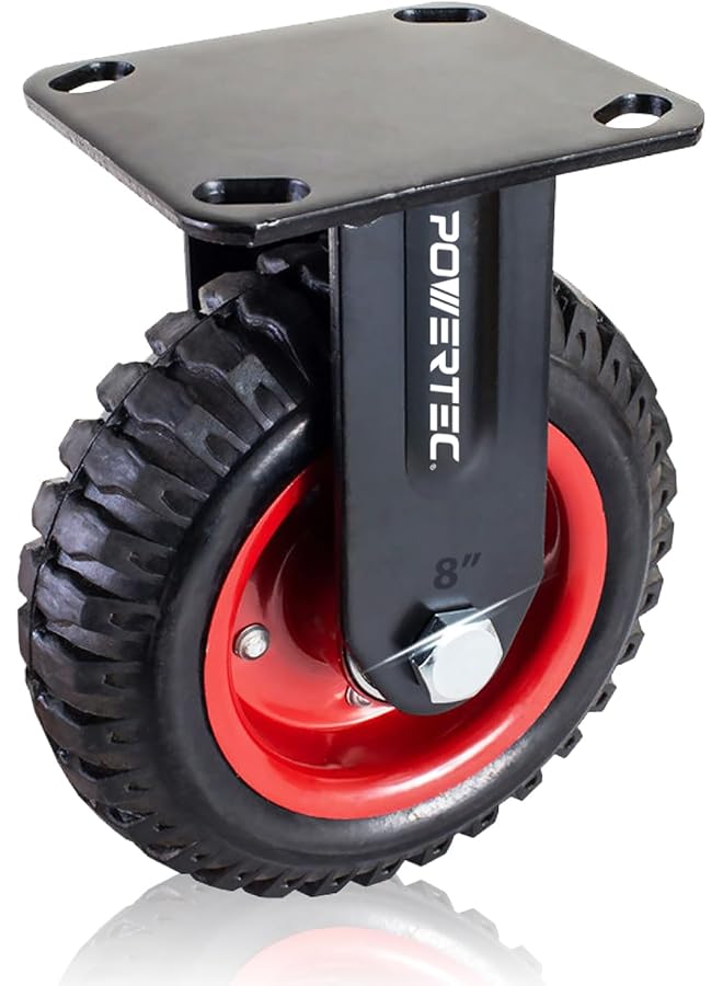 POWERTEC 8 Inch Caster Wheels Heavy Duty Fixed Plate Casters With Rubber Knobby Tread For Workbench Dolly Cart Trolley Wagon And Chicken Coop Large Rubber Castor Wheels 1Pk 17053 - Image 1