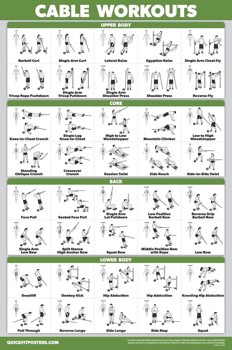 Palace Learning ملصق تمارين QUICKFIT لجهاز الكابل، مخطط تمارين لمحطة تدريب الكابل، مغلف، صالة رياضية، 18" × 24" - Image 1