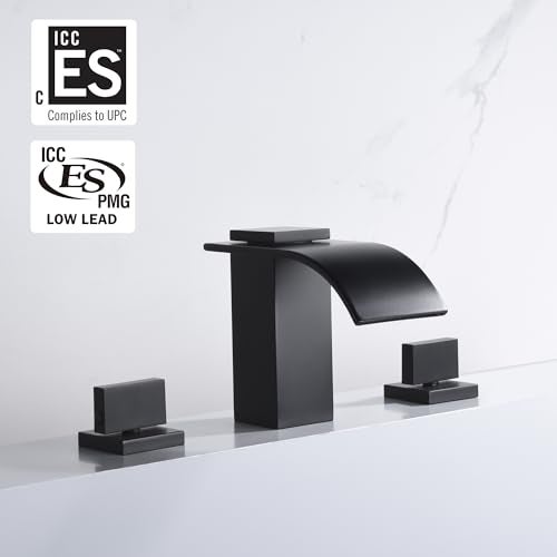 sumerain Black Waterfall Tub Faucet Deck Mount 3 Hole Widespread Bathtub Faucet with Valve - Image 2