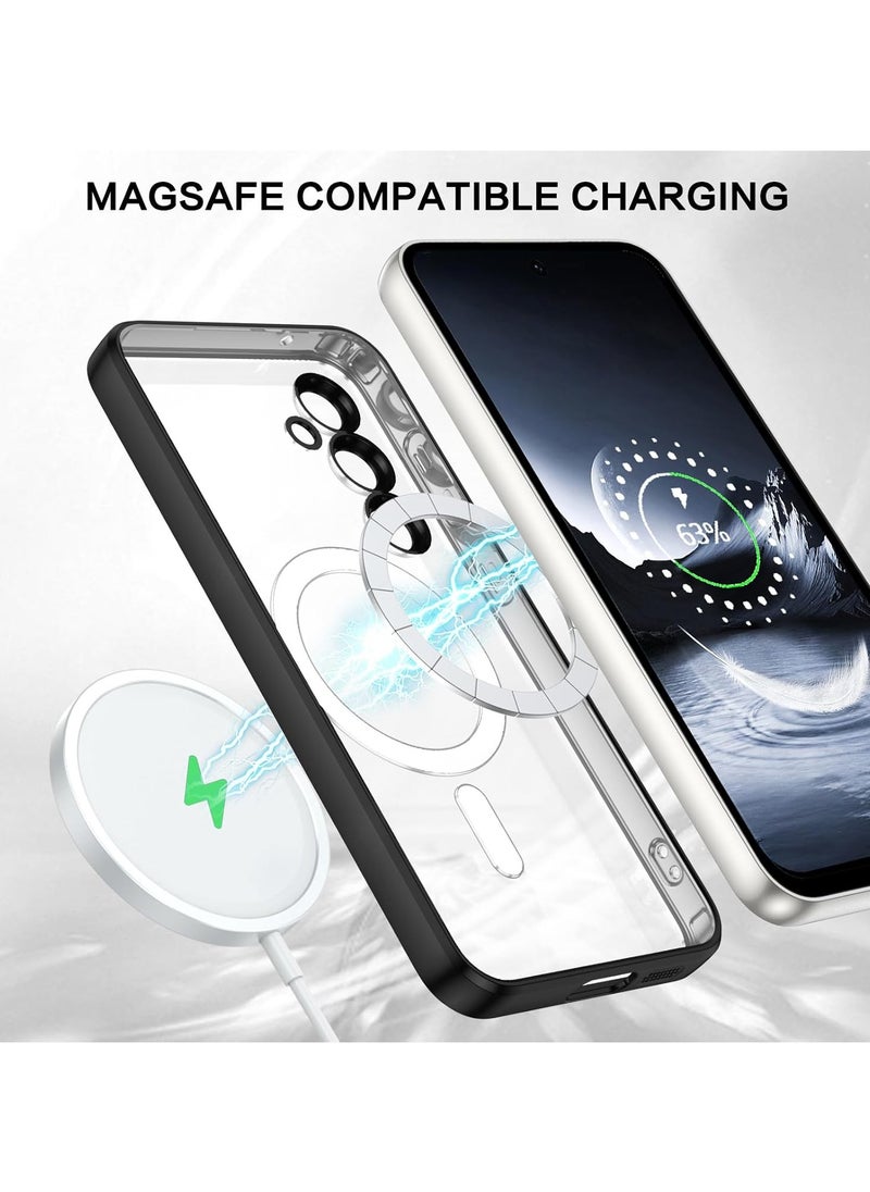 For Samsung Galaxy S24 Plus Silicone Transparent Back Case with Platinum Frame , Mag-Safe For Wireless Charging and Camera Lens Protector Compatible With Samsung Galaxy S24 Plus (6.7'') (Clear&Black)