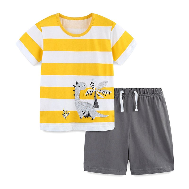 European and American Childrens Wear Summer Boys suit Knitted Cotton Dinosaur Embroidered Flower Sticker Two-Piece Set Childrens Fashion suit 2245
