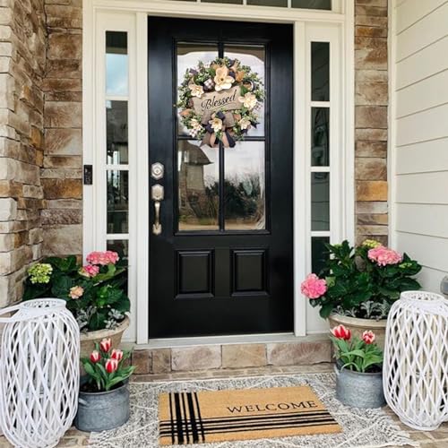 Vofuly Spring Summer Wreath for Front Door,Farmhouse Magnolia Porch Decoration,Front Door Hanger,Housewarming Gift, Buffalo Plaid Year Round Wreath,Summer Home Decor - Image 2