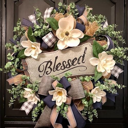 Vofuly Spring Summer Wreath for Front Door,Farmhouse Magnolia Porch Decoration,Front Door Hanger,Housewarming Gift, Buffalo Plaid Year Round Wreath,Summer Home Decor - Image 1