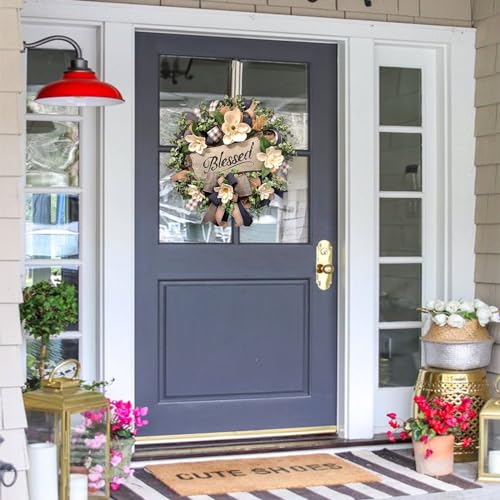 Vofuly Spring Summer Wreath for Front Door,Farmhouse Magnolia Porch Decoration,Front Door Hanger,Housewarming Gift, Buffalo Plaid Year Round Wreath,Summer Home Decor - Image 4