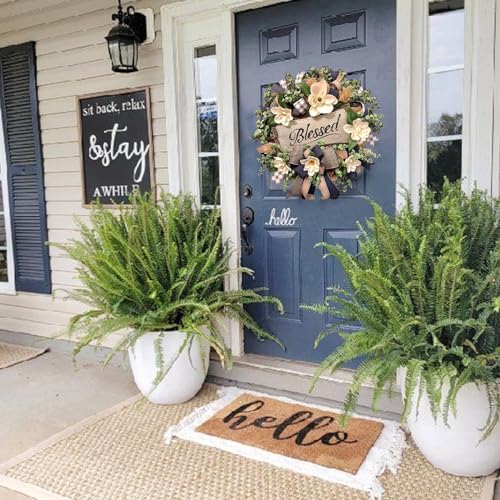 Vofuly Spring Summer Wreath for Front Door,Farmhouse Magnolia Porch Decoration,Front Door Hanger,Housewarming Gift, Buffalo Plaid Year Round Wreath,Summer Home Decor - Image 3