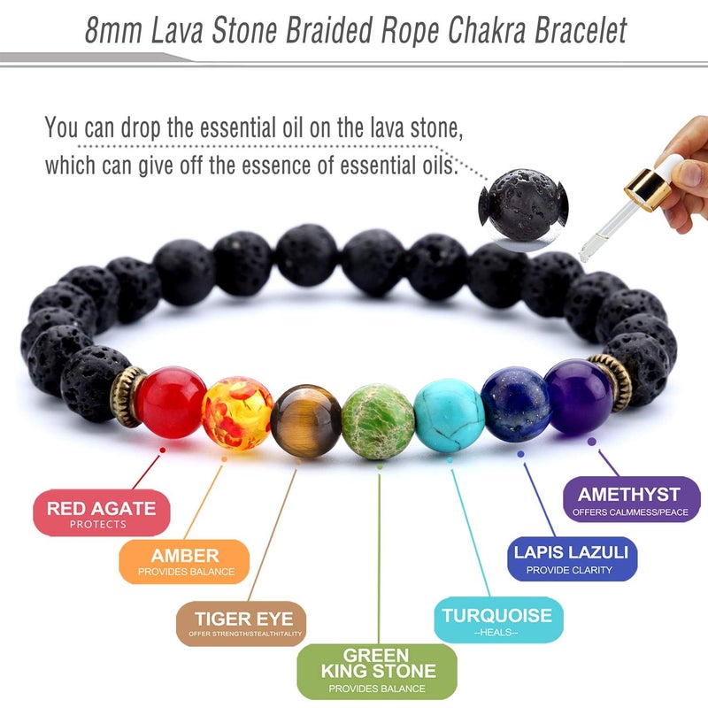 Hamoery Men Women 8mm Lava Rock 7 Chakra Beads Chakra Bracelet Braided Rope Natural Stone Yoga Bracelet Bangle - Image 2