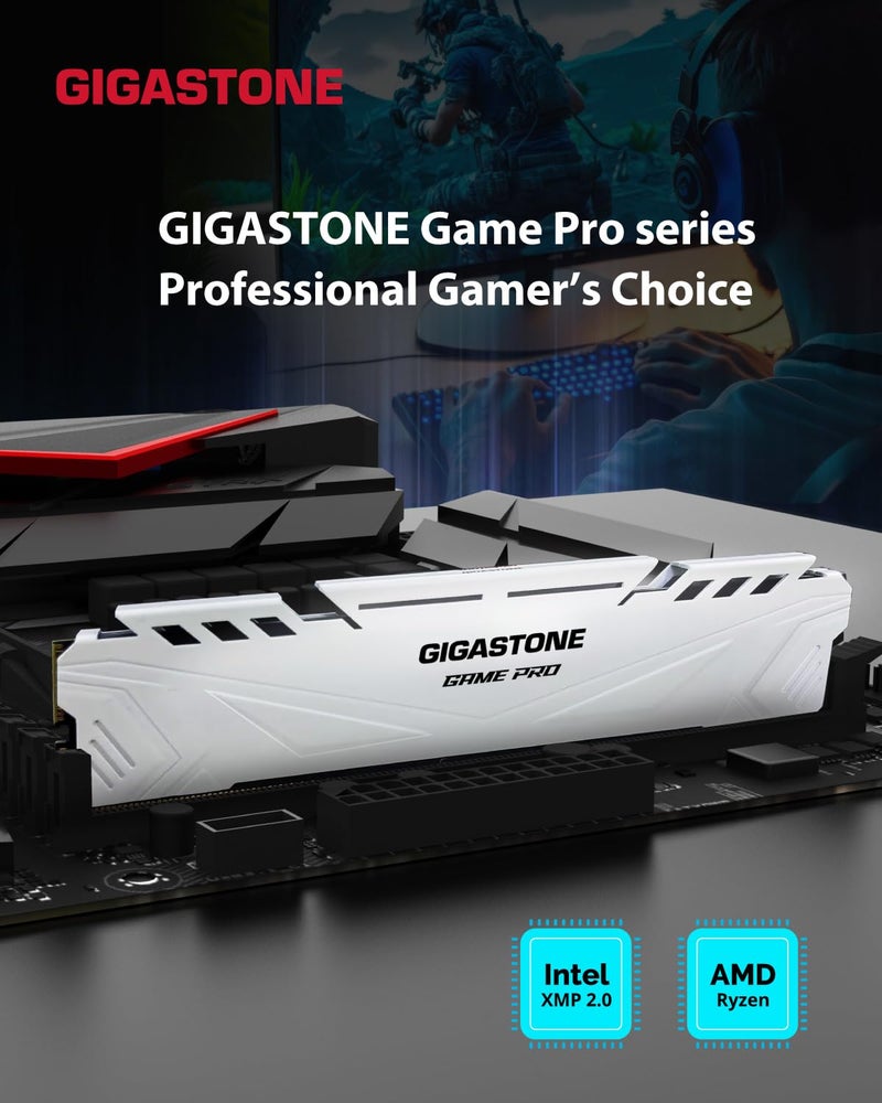 Gigastone 【DDR4 RAM】 GIGASTONE Game PRO 32GB Kit (2x16GB) DDR4 3200MHz PC4-25600 CL 16-18-18-40 Intel XMP 2.0 AMD Ryzen 1.35V UDIMM 288 Pin Unbuffered Non ECC High Performance Gaming Desktop Memory - White - Image 2