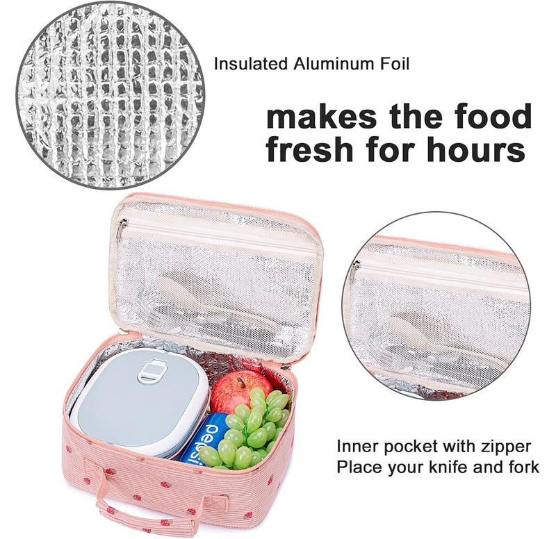 Bluboon Kids Girls Corduroy Pink Strawberry Lunch Box for School - Image 4