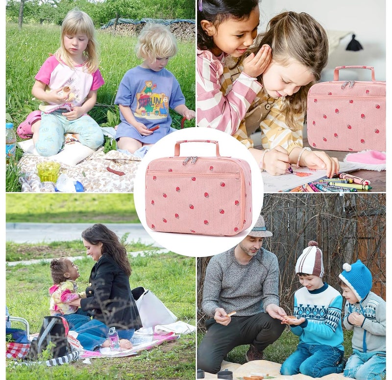 Bluboon Kids Girls Corduroy Pink Strawberry Lunch Box for School - Image 5