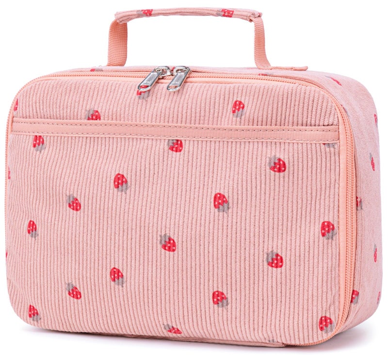 Bluboon Kids Girls Corduroy Pink Strawberry Lunch Box for School - Image 1
