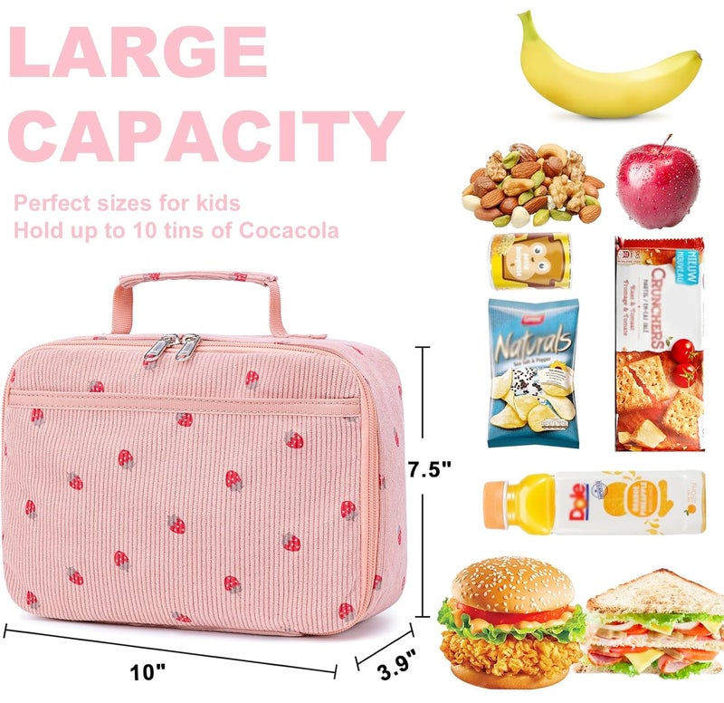 Bluboon Kids Girls Corduroy Pink Strawberry Lunch Box for School - Image 3