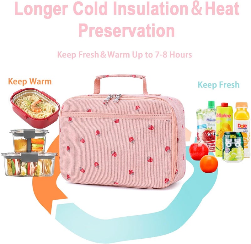 Bluboon Kids Girls Corduroy Pink Strawberry Lunch Box for School - Image 2