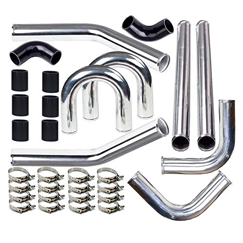 MOOSUN 2" 8-Pcs Universal Intercooler Pipe Piping Turbo Polished Aluminum Kit with Silicone Hoses and Stainless Steel T-Clamps - Image 2